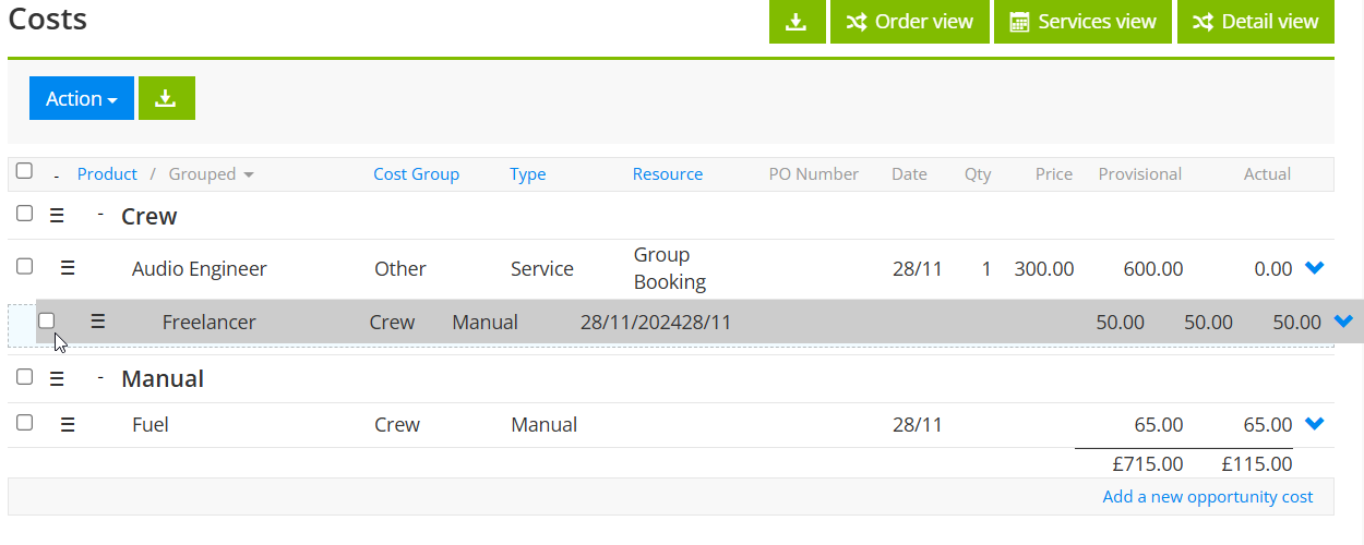 Moveable line items within the costs view