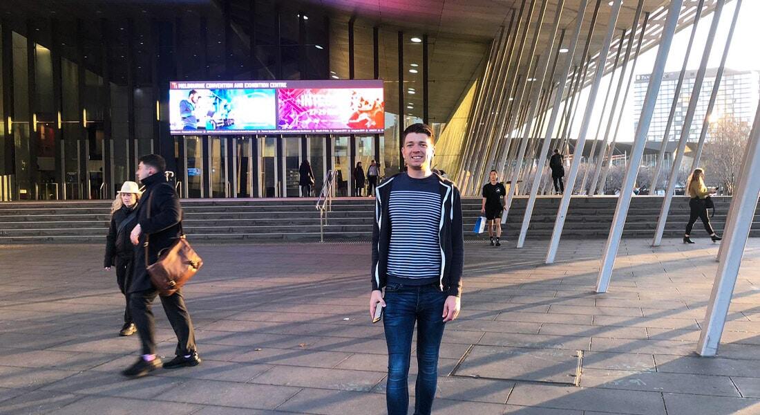 Matthew outside the Melbourne Convention & Exhibition Centre ready for the expo to begin!