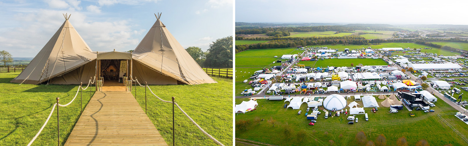 Campfire Sessions tent and Aerial view of showmans show grounds