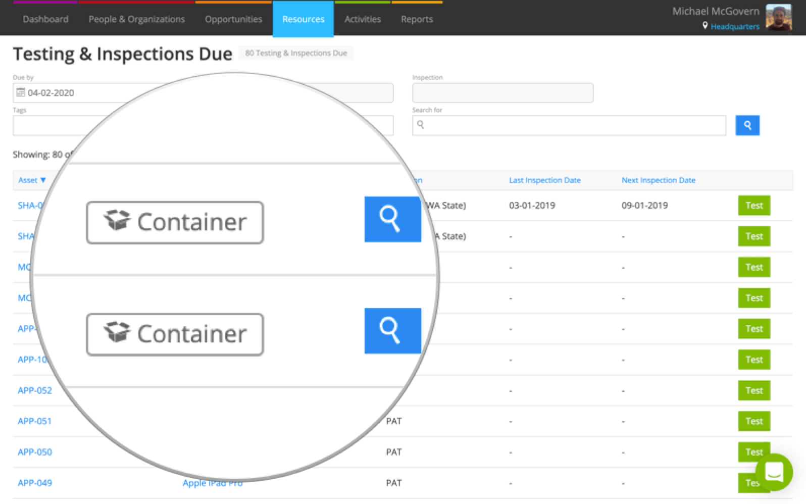 Container colunm added to Testing & Inspection beta
